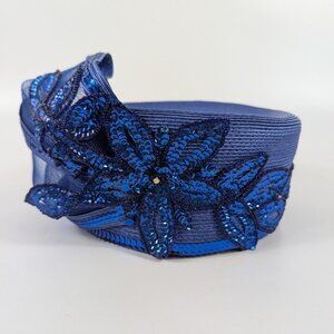 Vintage Mr Hi’s Bright Blue Sequin Flower Pillbox Hat Fancy Ladies Church Derby